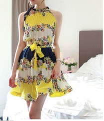 Vestido Drapeado Colorido Amarelo C/ Azul Marinho